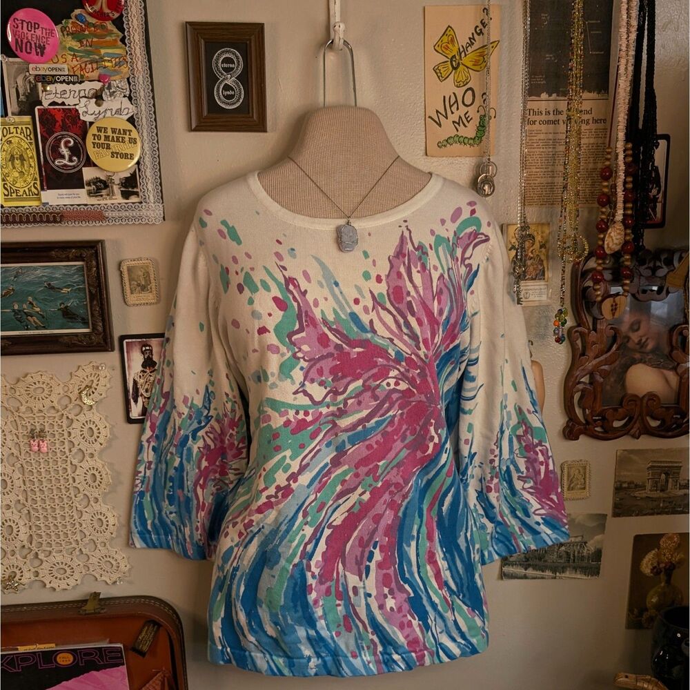 Vintage Bob Mackie Abstract Art Print Knit Sweater Women's 1X Blue White